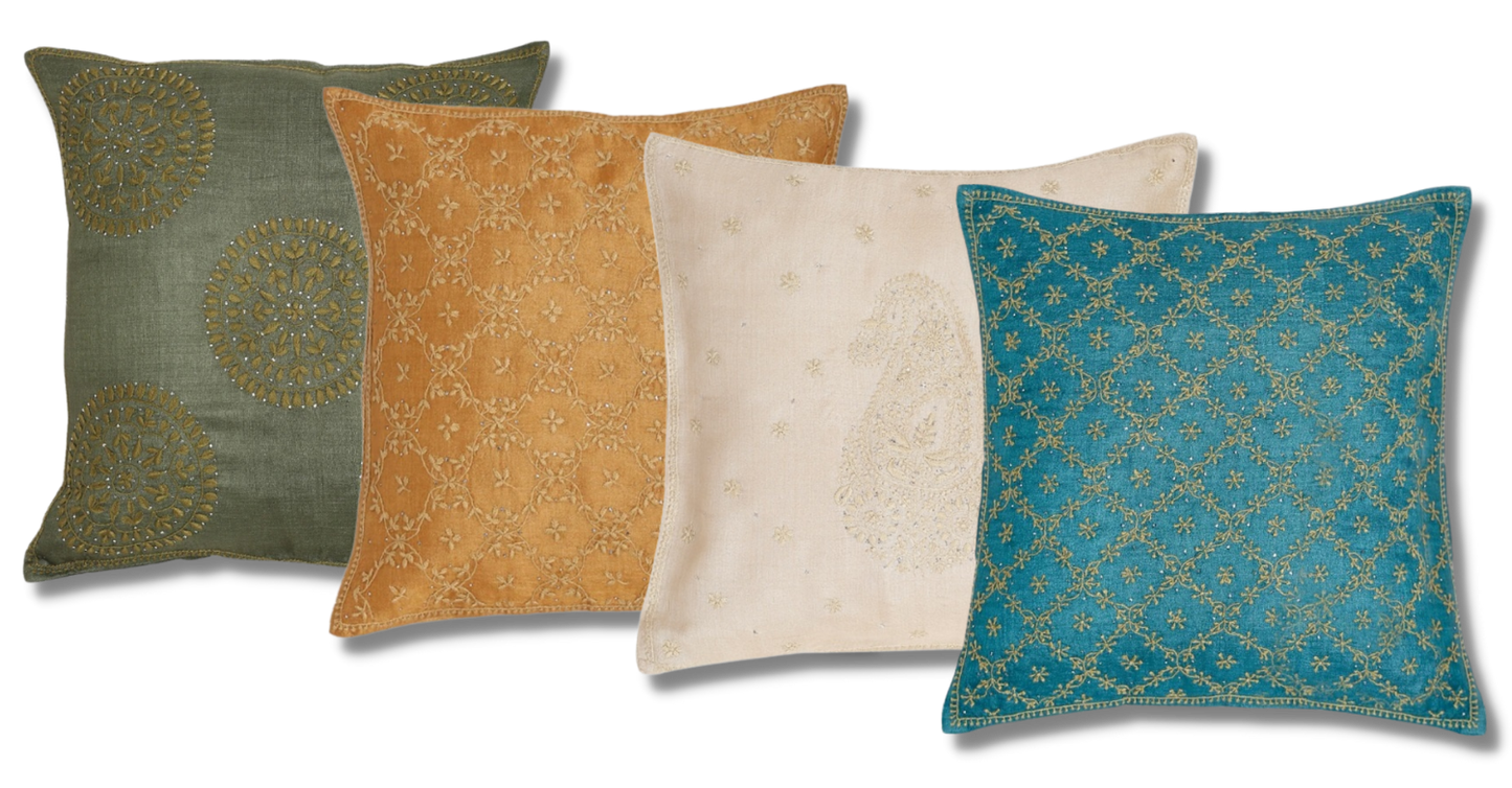 Funda de cojín. Seda y bordado chikankari. Verde 40x40