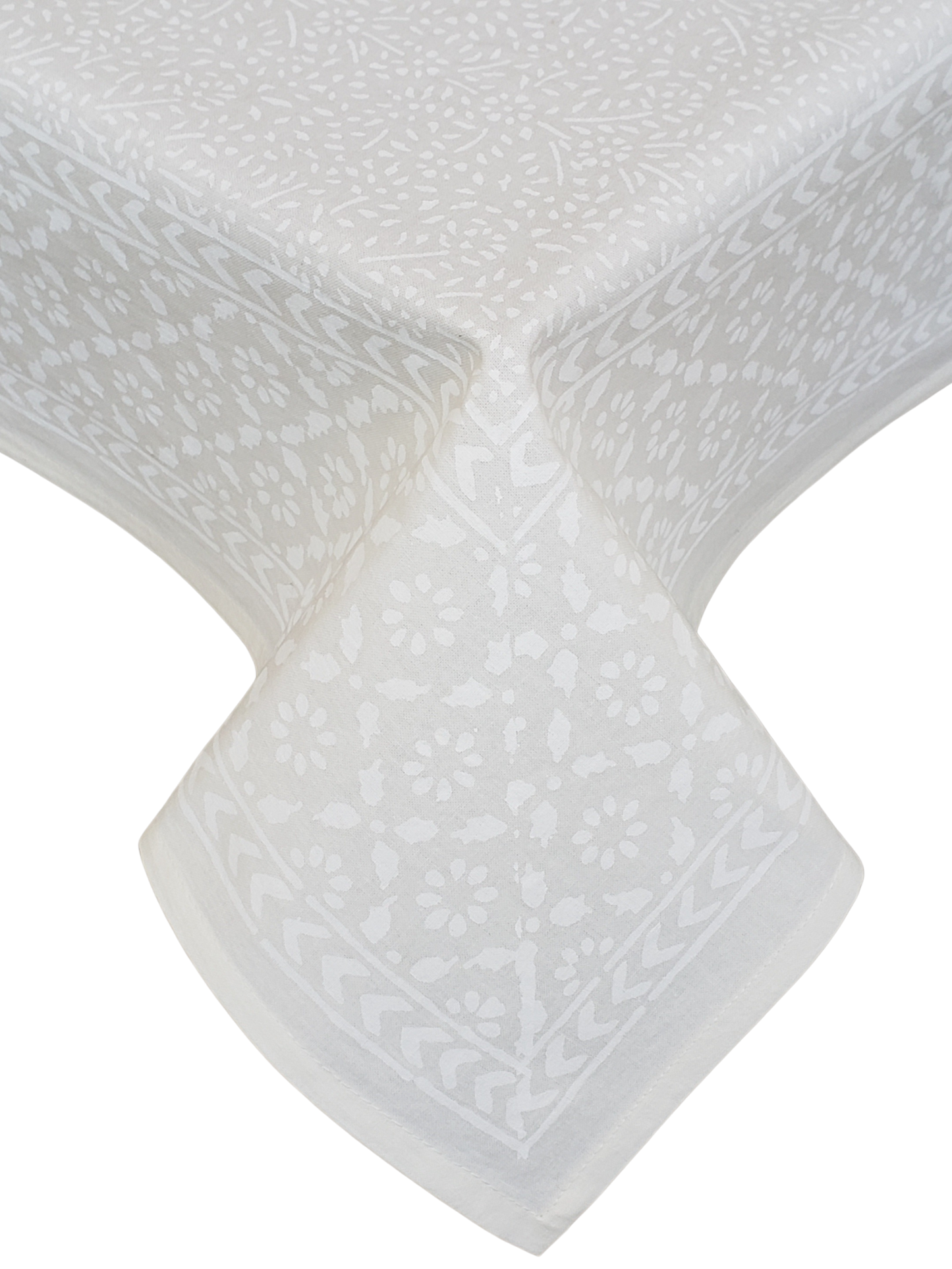 Mantel cuadrado 100% algodón estampado a mano. Blanco sobre blanco