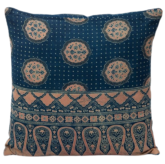 Funda de cojín de algodón estampada. Azul índigo/ocre. Puranya1 40x40