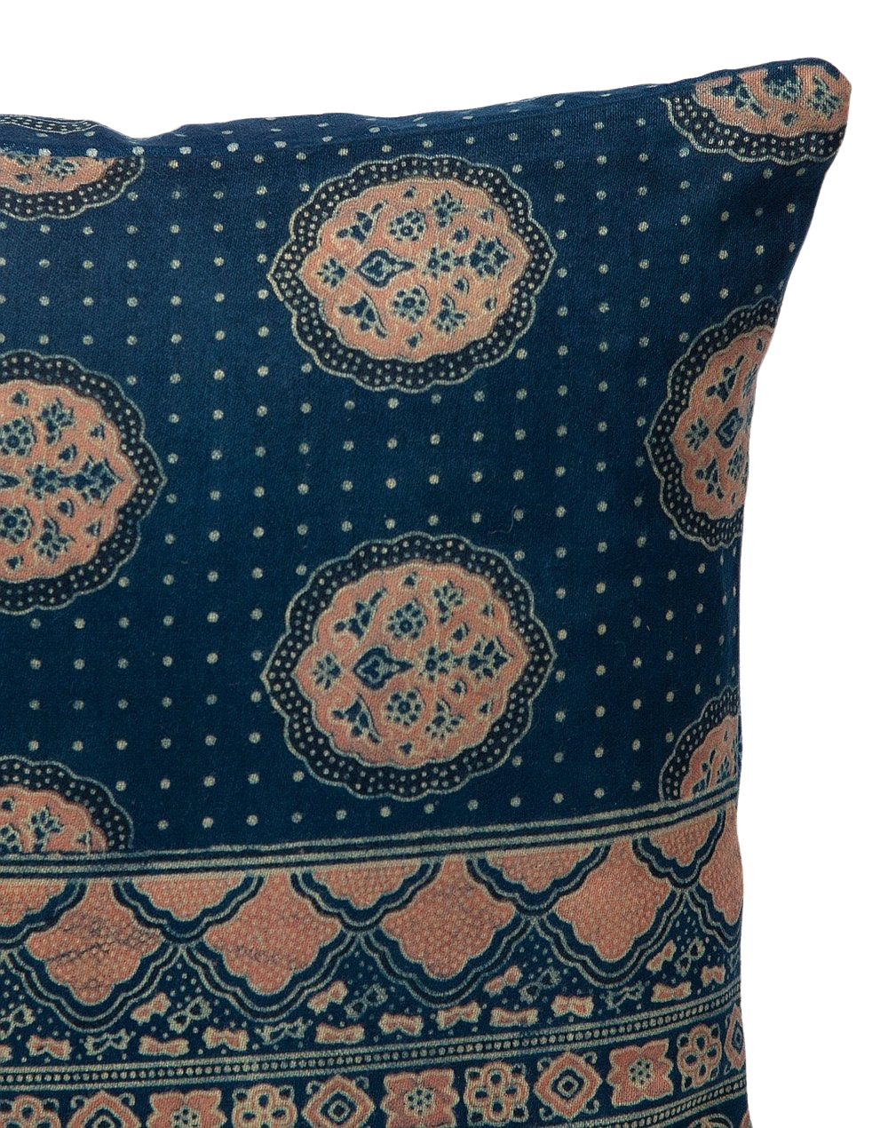 Funda de cojín de algodón estampada. Azul índigo/ocre. Puranya1 40x40