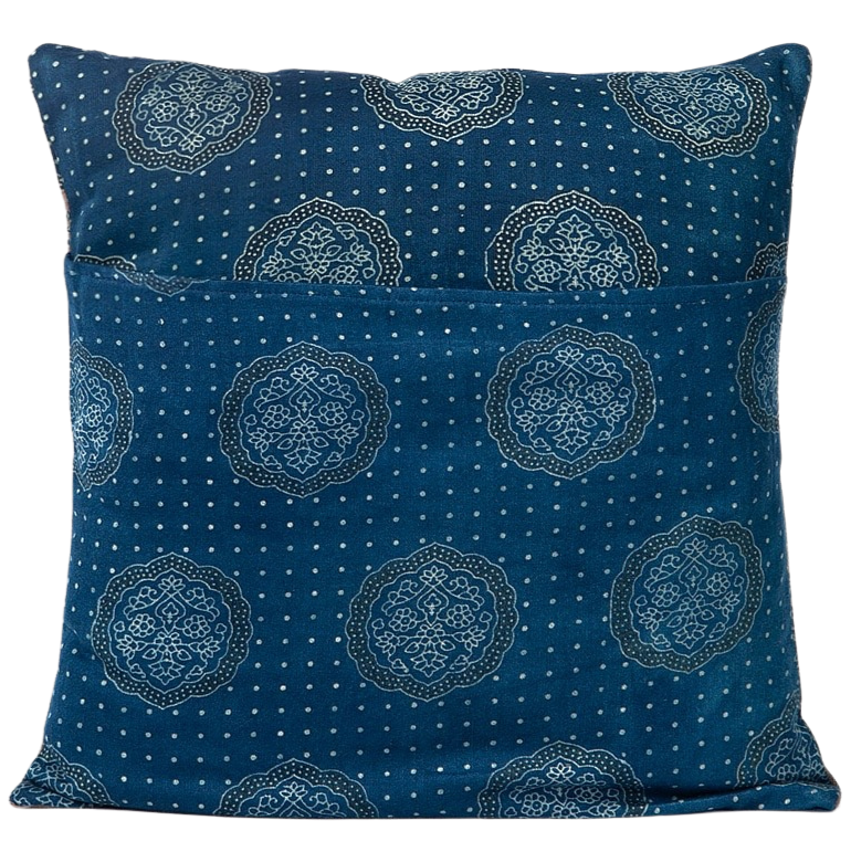 Funda de cojín de algodón estampada. Azul índigo/ocre. Puranya1 40x40