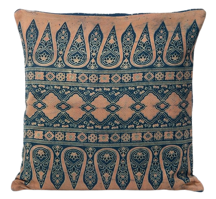 Funda de cojín de algodón estampada. Azul índigo/ocre. Puranya 40x40