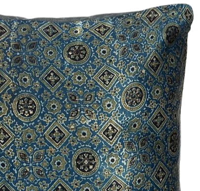 Funda de cojín de algodón/seda estampada. Azul/aceituna. Idhaya 50x50