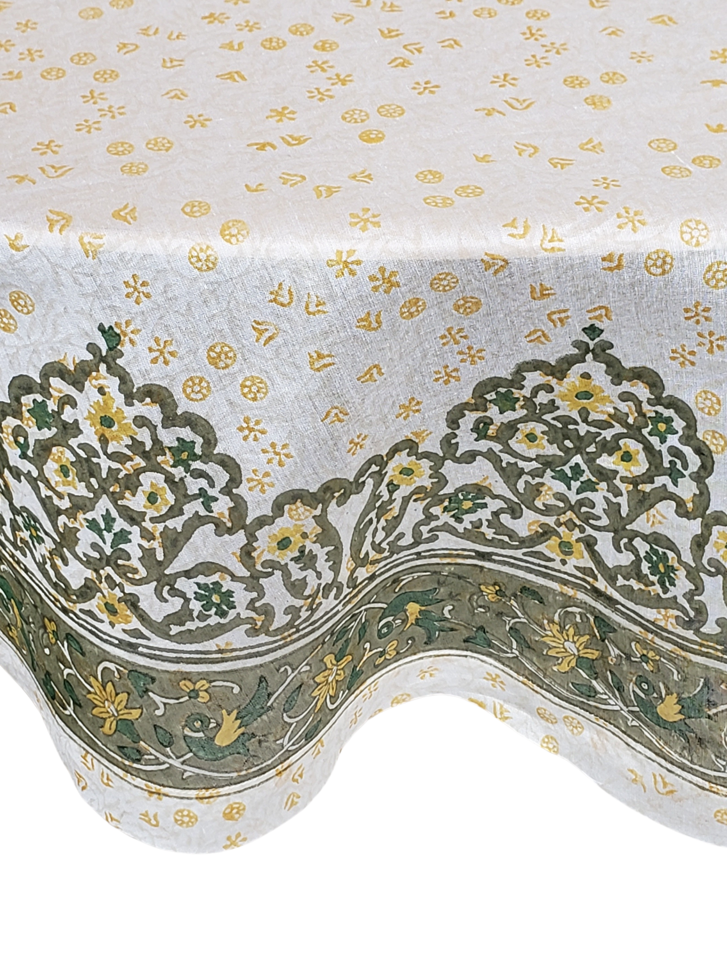 Mantel redondo algodón/seda estampado a mano verde