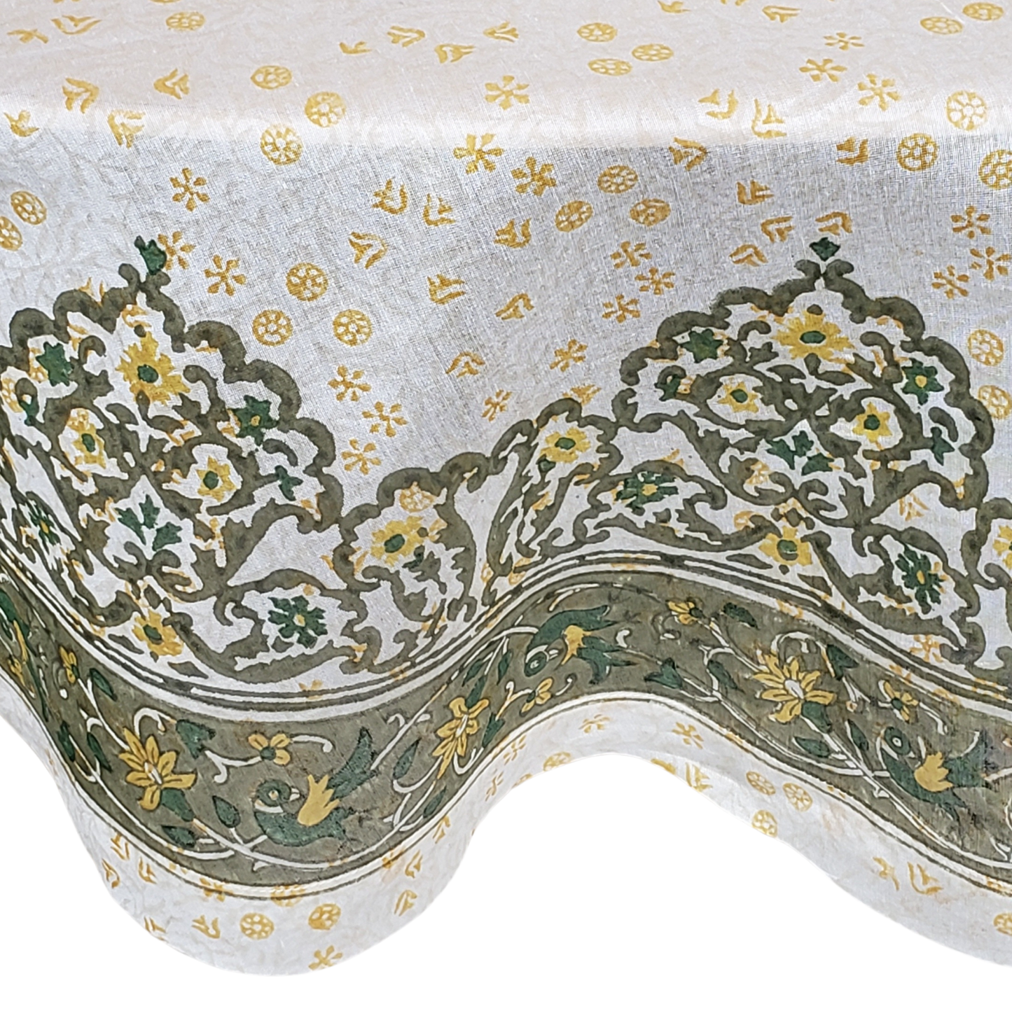 Mantel redondo algodón/seda estampado a mano verde