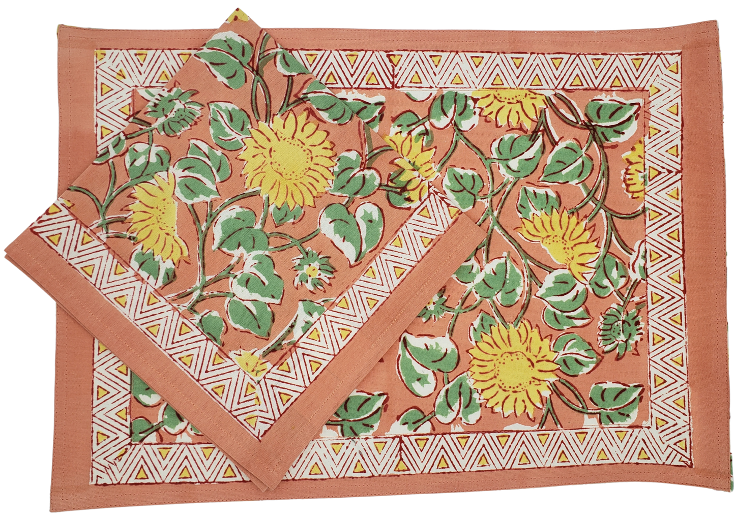 Mantel individual con servilleta. Estampado a mano. Girasoles