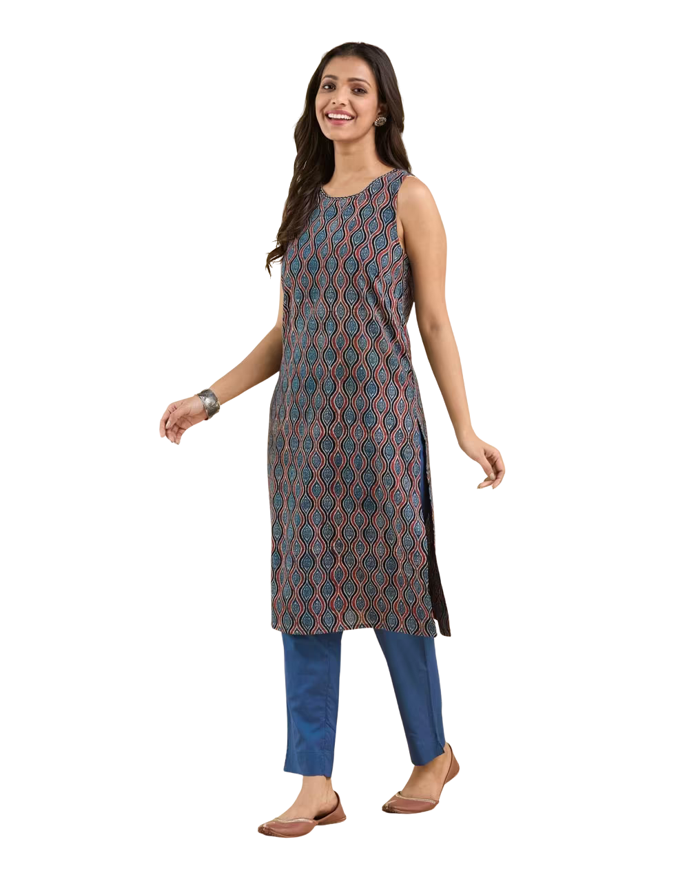 Kurta larga sin mangas Ajrakh. Índigo. Slim Fit PREVENTA