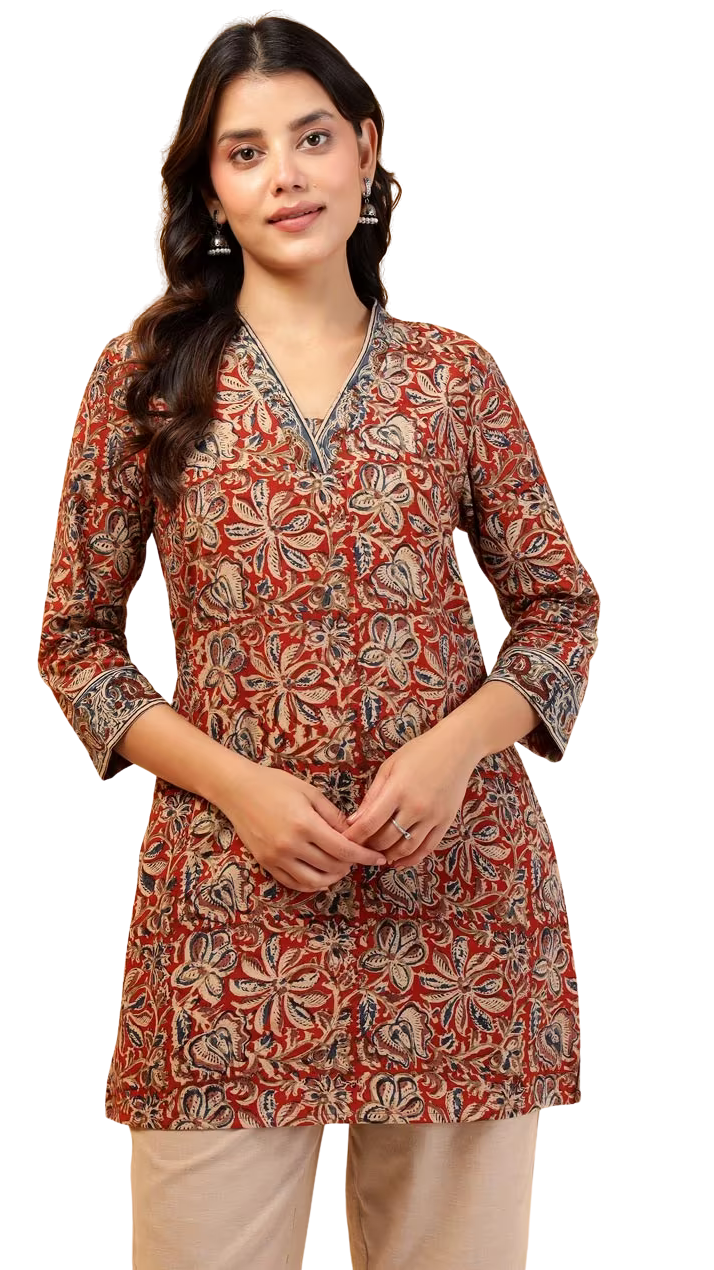Kurta short kalamkari. Marrón. Slim Fit PREVENTA