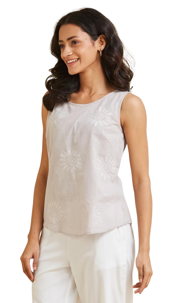 Blusa sin mangas chikankari. Gris PREVENTA