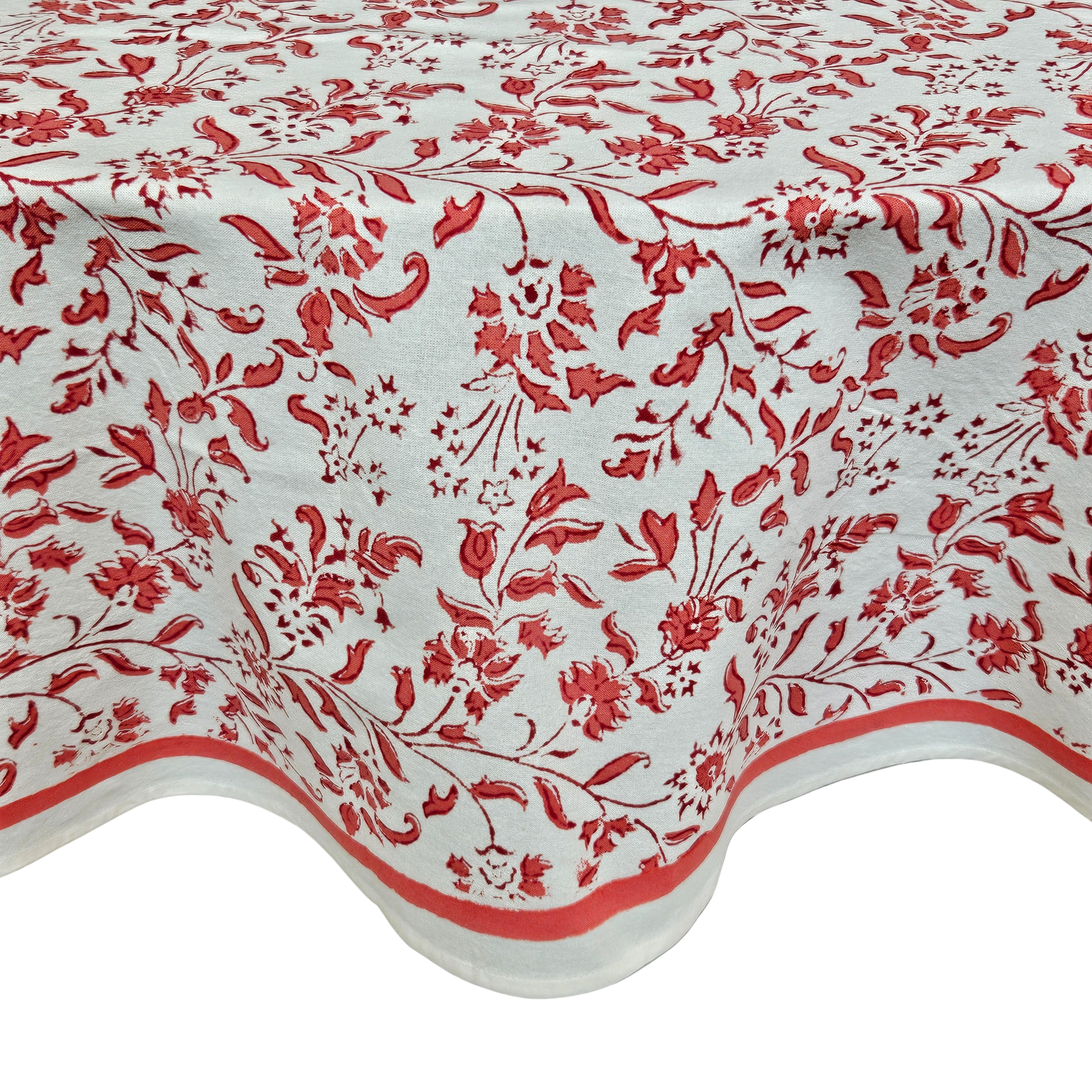Mantel redondo 100% algodón estampado a mano. Rosa Coral (blanco)