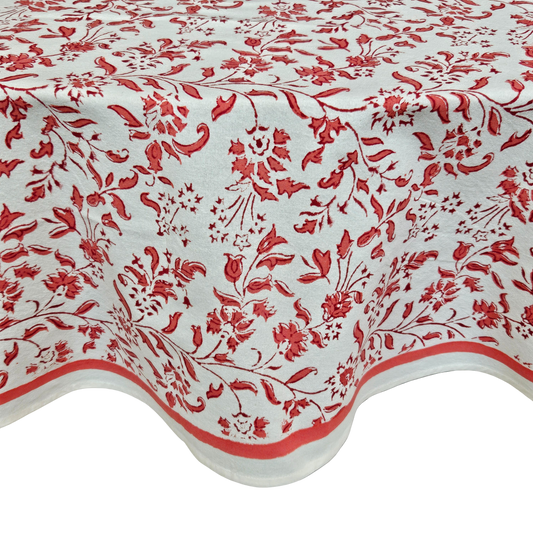 Mantel redondo 100% algodón estampado a mano. Rosa Coral (blanco)