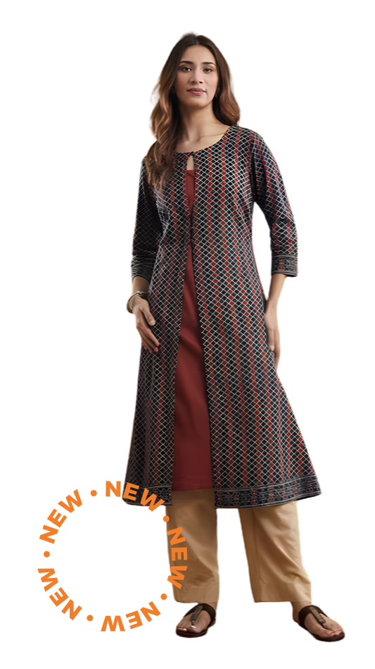 Kurta larga (set) estampada. Slim Fit marrón. Nueva