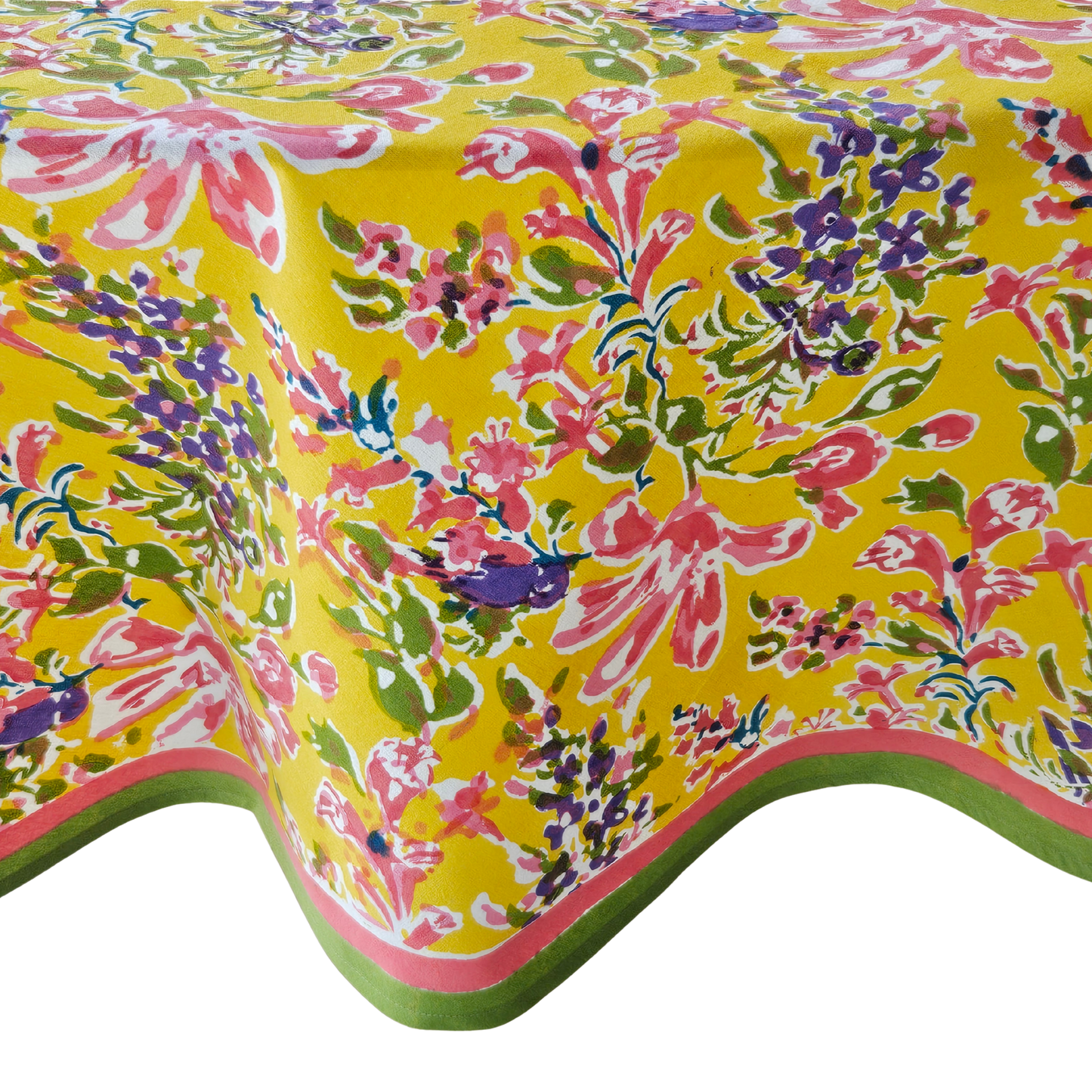 Mantel redondo 100% algodón estampado a mano. Amarillo