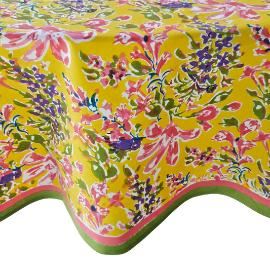 Mantel redondo 100% algodón estampado a mano. Amarillo