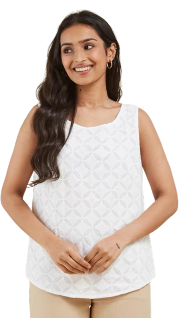 Blusa sin mangas appliqué. Blanca