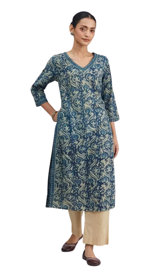 Kurta larga azul índigo natural. Dabu