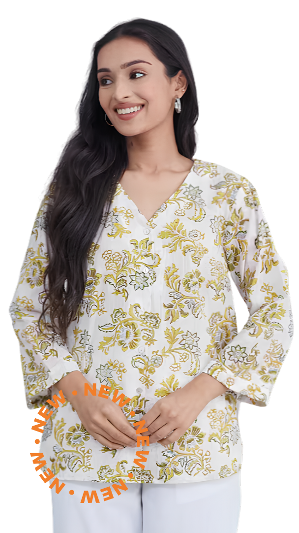 Blusa estampada. Manga 3/4. Amarilla. Nueva