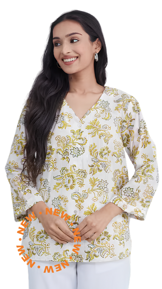 Blusa estampada. Manga 3/4. Amarilla. Nueva