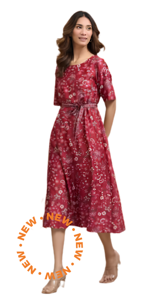 Vestido midi de algodón y seda. Rojo. Nuevo