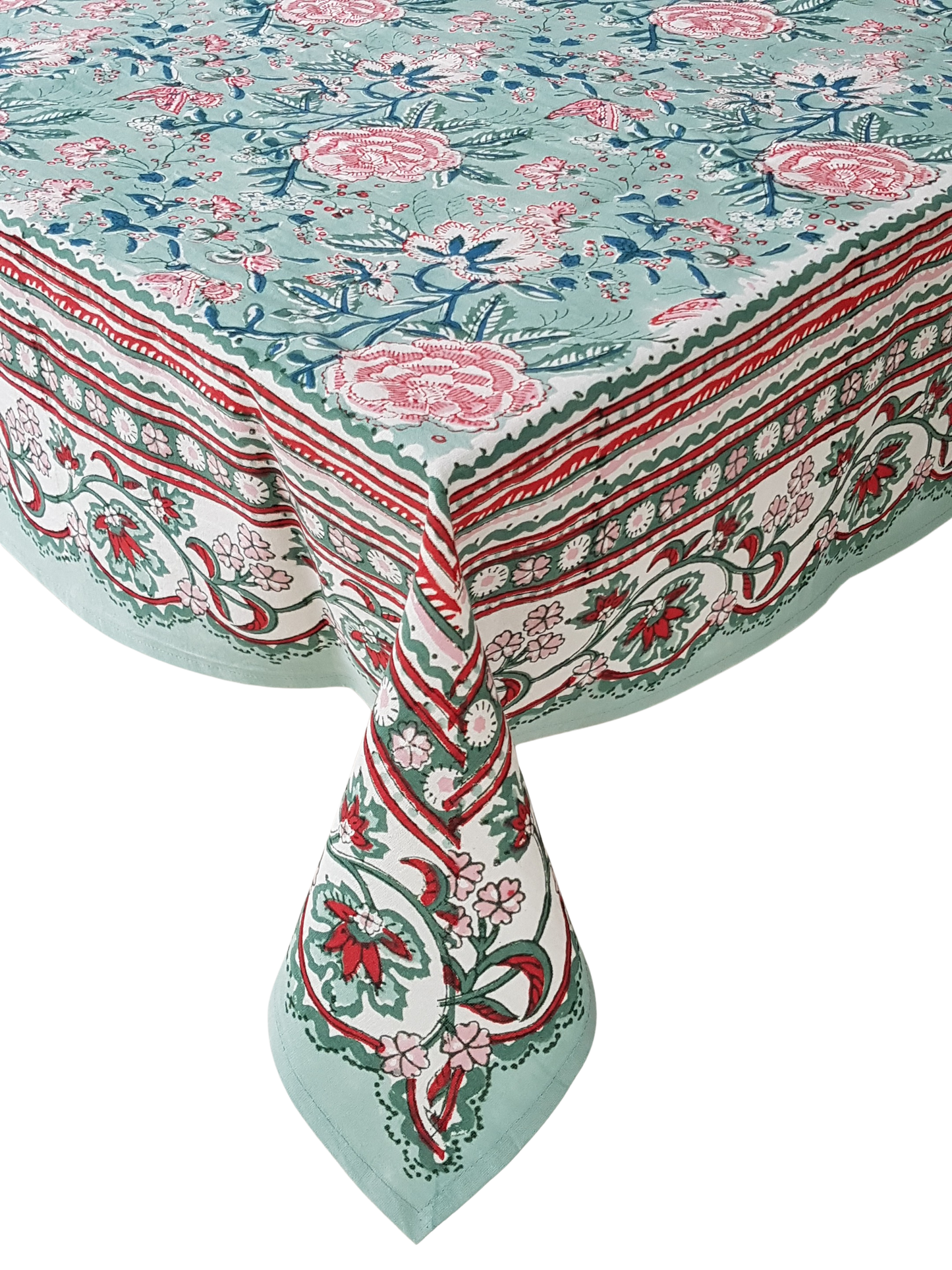 Mantel cuadrado 100% algodón estampado a mano. Menta