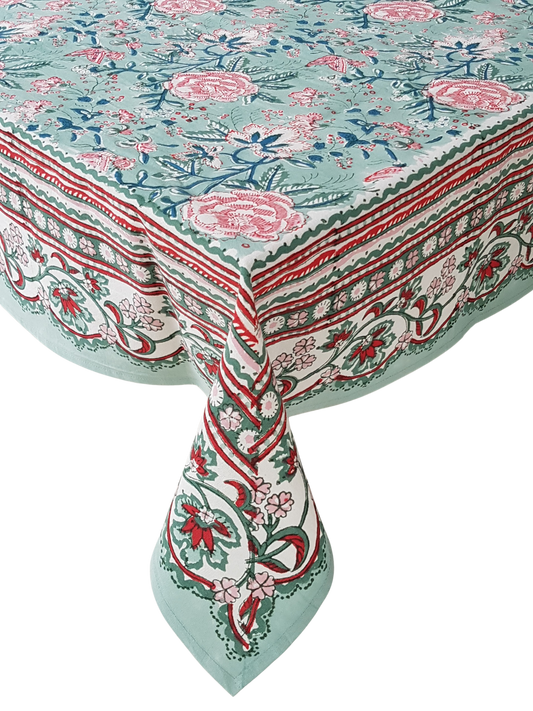 Mantel cuadrado 100% algodón estampado a mano. Menta