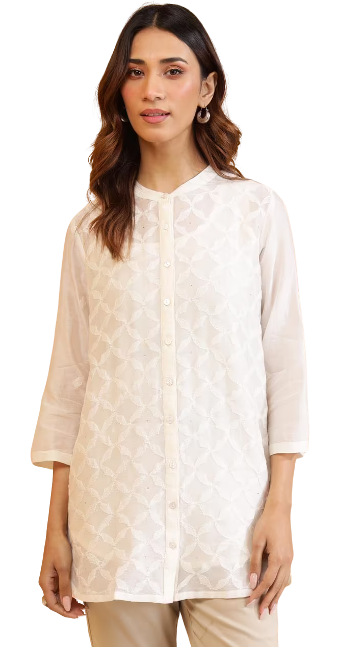 Blusa de algodón y seda con bordado chikankari. Blanca PREVENTA