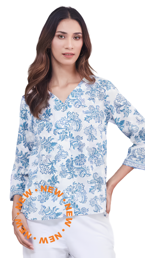 Blusa estampada. Manga 3/4. Azul. Nueva