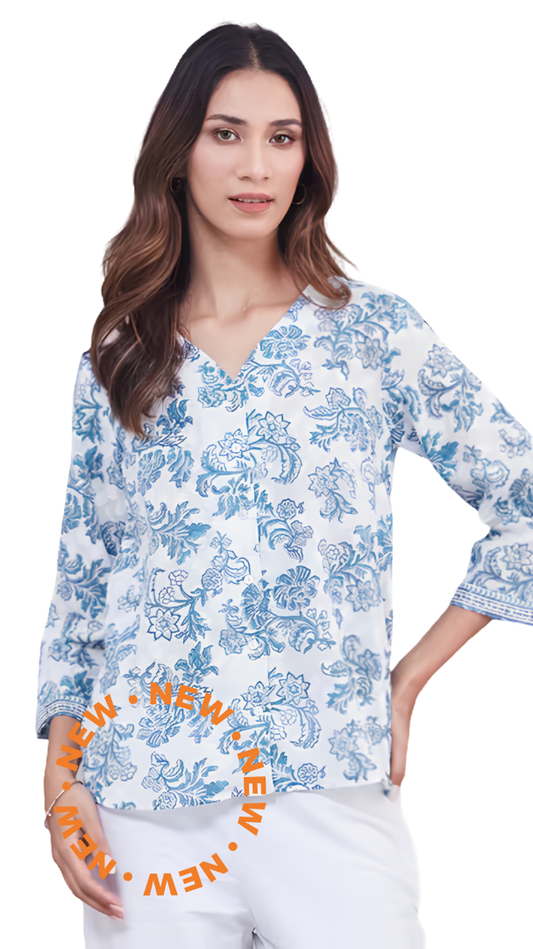 Blusa estampada. Manga 3/4. Azul. Nueva