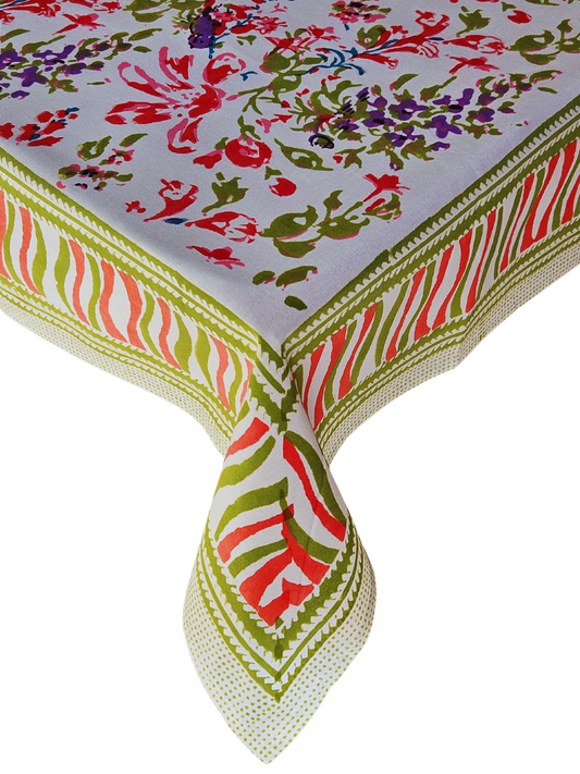 Mantel rectangular 100% algodón estampado a mano. Rosa y morado B