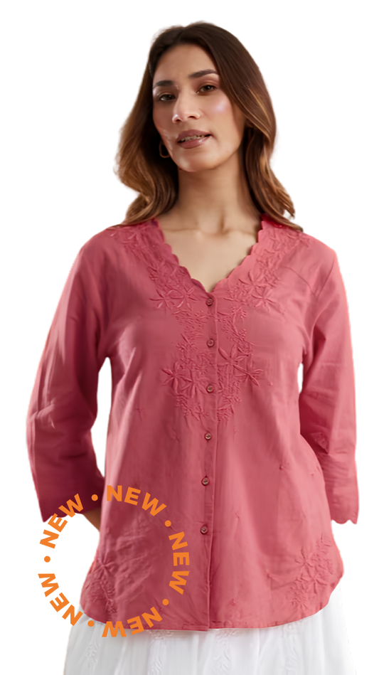 Blusa Bordada Chikankari. Coral. Nueva