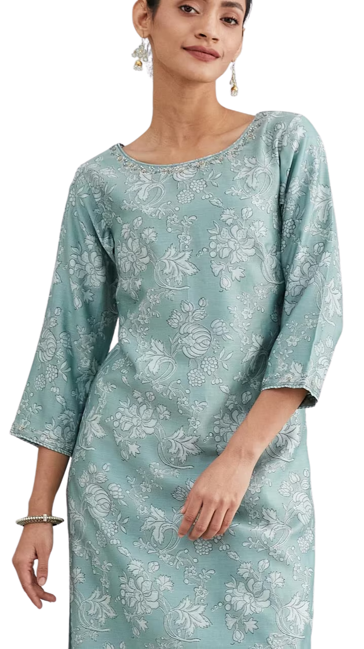 Kurta larga de seda y algodón estampada. Turquesa PREVENTA
