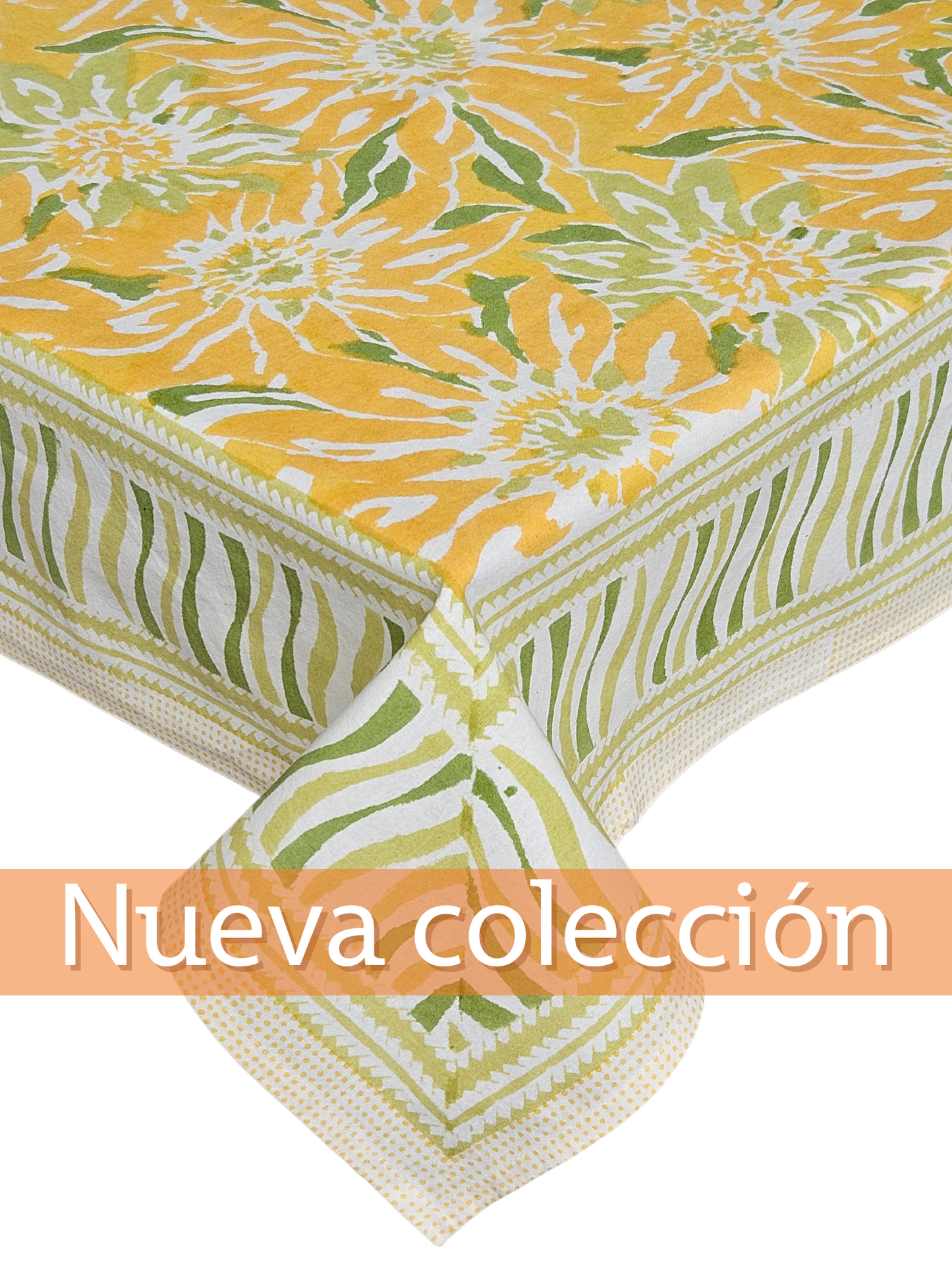 Mantel rectangular 100% algodón estampado a mano. Girasoles fondo amarillo