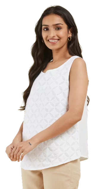 Blusa sin mangas appliqué. Blanca
