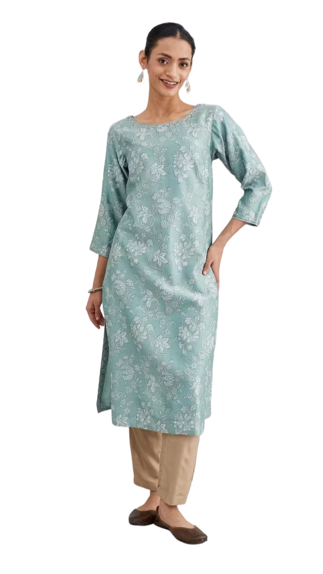 Kurta larga de seda y algodón estampada. Turquesa PREVENTA