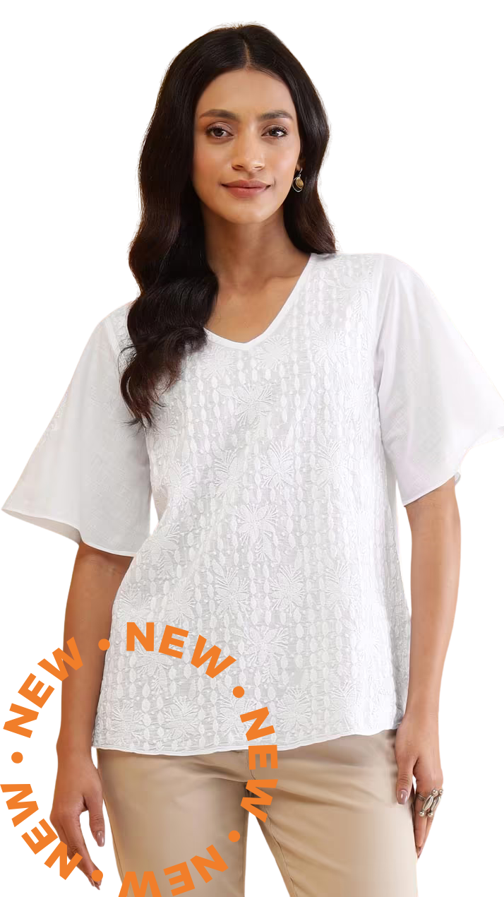 Blusa con bordado chikankari.Manga amplia. Blanca PREVENTA