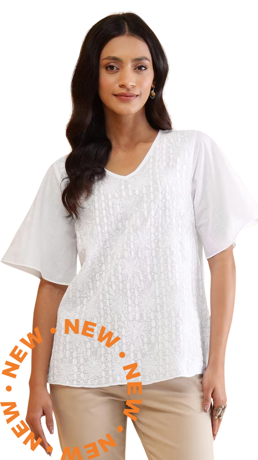 Blusa con bordado chikankari.Manga amplia. Blanca PREVENTA