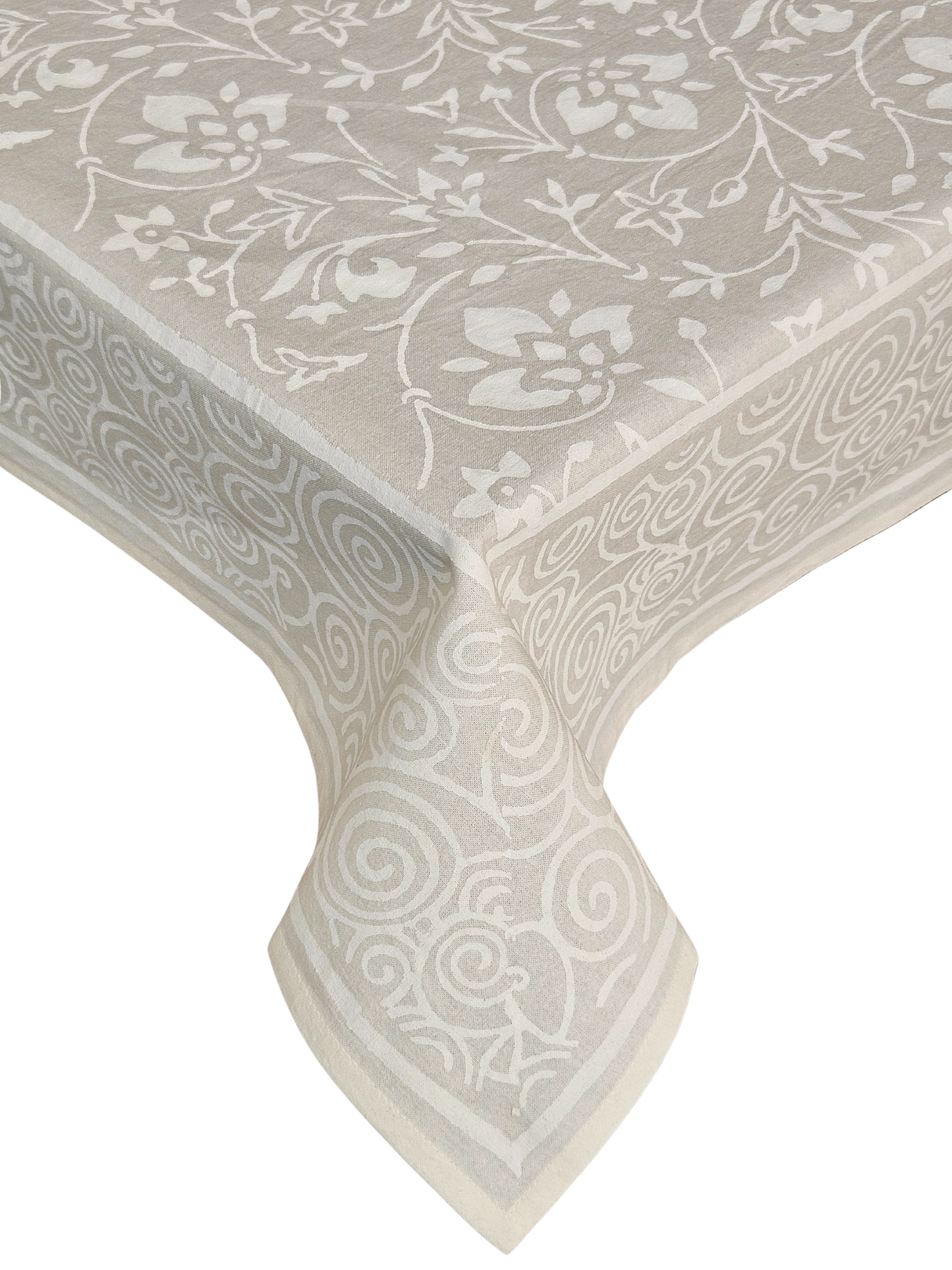 Mantel cuadrado 100% algodón estampado a mano. Blanco sobre blanco