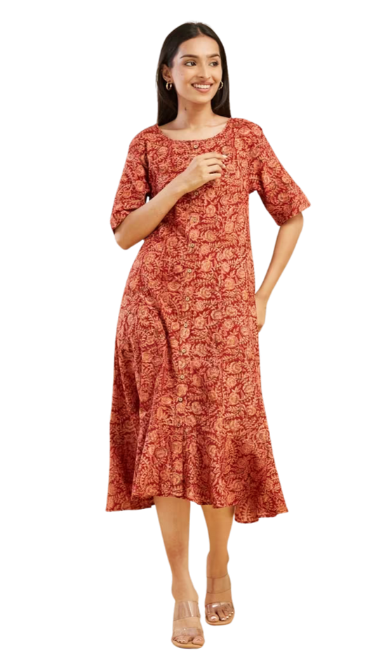 Vestido kalamkari. Rojo vivo