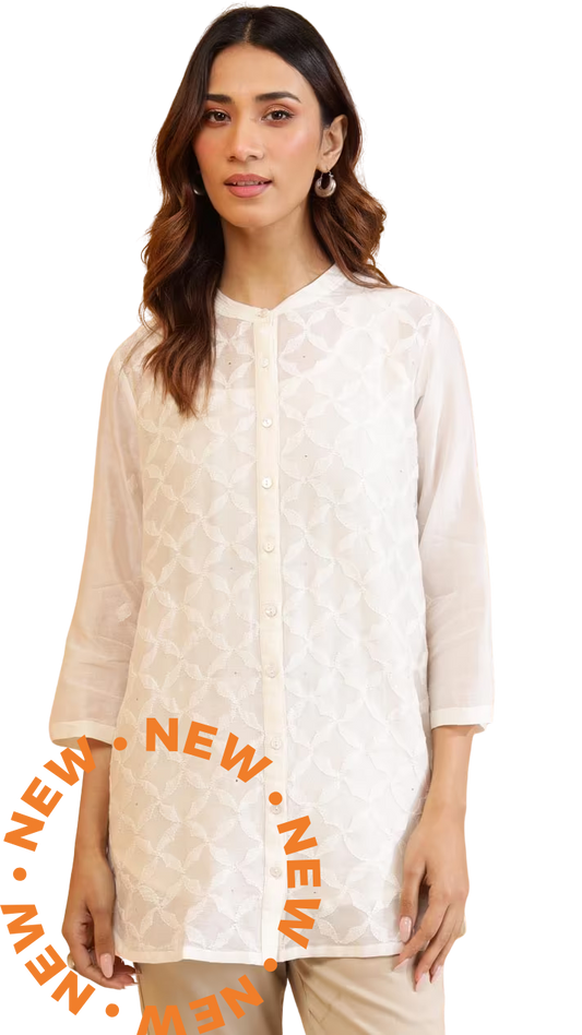 Blusa de algodón y seda con bordado chikankari. Blanca PREVENTA