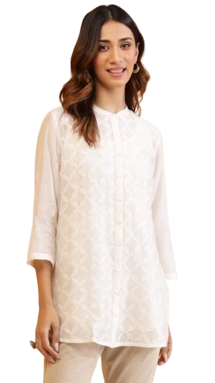 Blusa de algodón y seda con bordado chikankari. Blanca PREVENTA