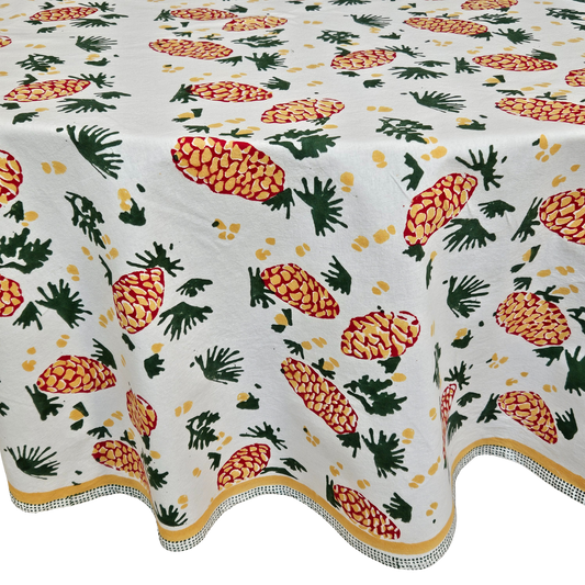 Mantel redondo 100% algodón estampado a mano. Piñas en blanco