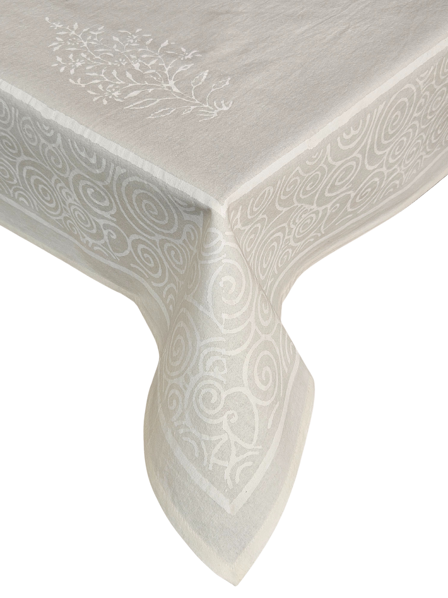 Mantel cuadrado 100% algodón estampado a mano. Blanco sobre blanco