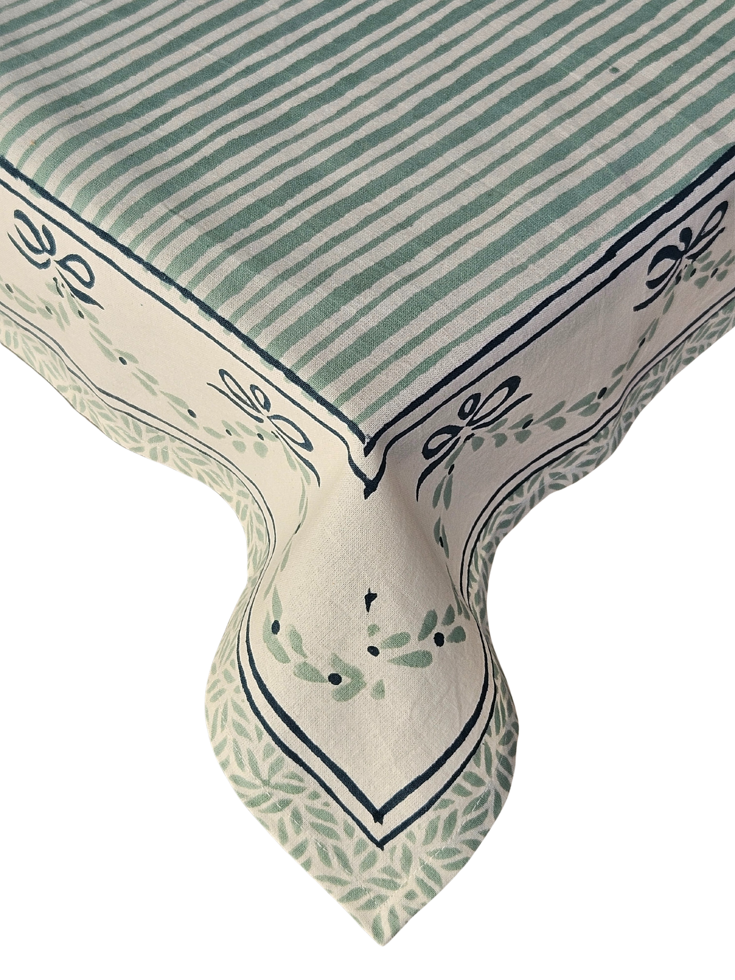 Mantel rectangular 100% algodón estampado a mano. Rayas verde