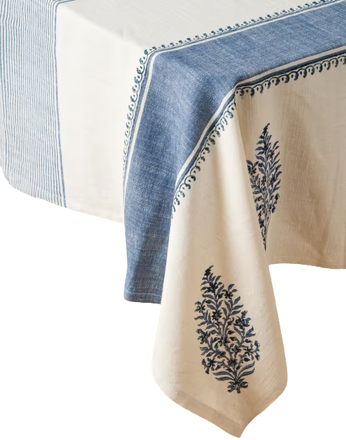 Mantel rectangular 100% algodón tejido en telar y estampado. Varya azul