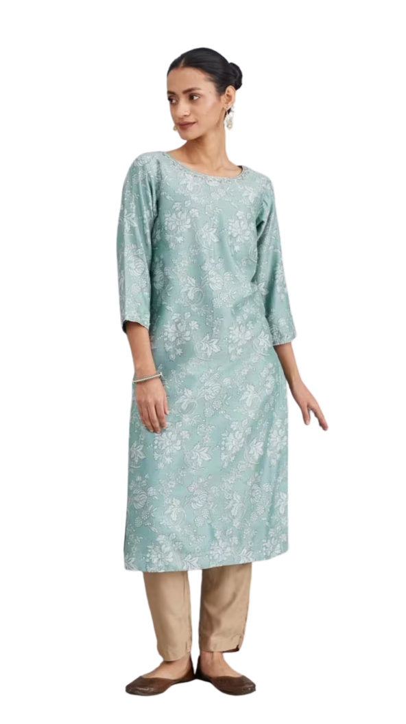 Kurta larga de seda y algodón estampada. Turquesa PREVENTA