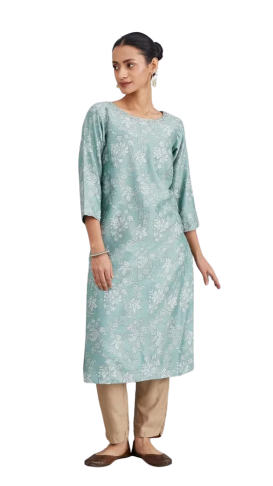 Kurta larga de seda y algodón estampada. Turquesa