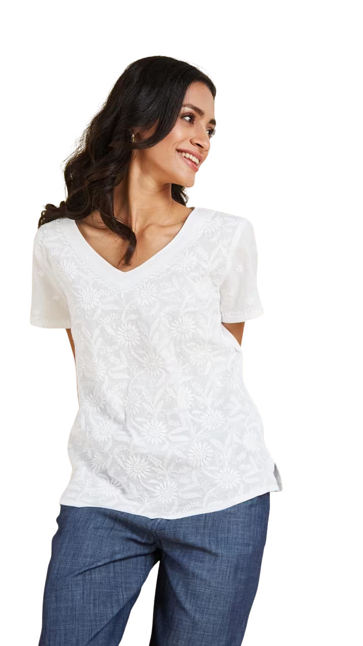Blusa con bordado chikankari. Básica. Blanca PREVENTA