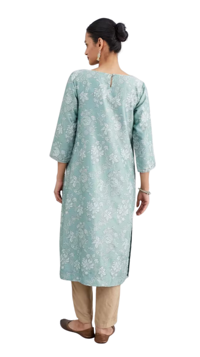 Kurta larga de seda y algodón estampada. Turquesa PREVENTA