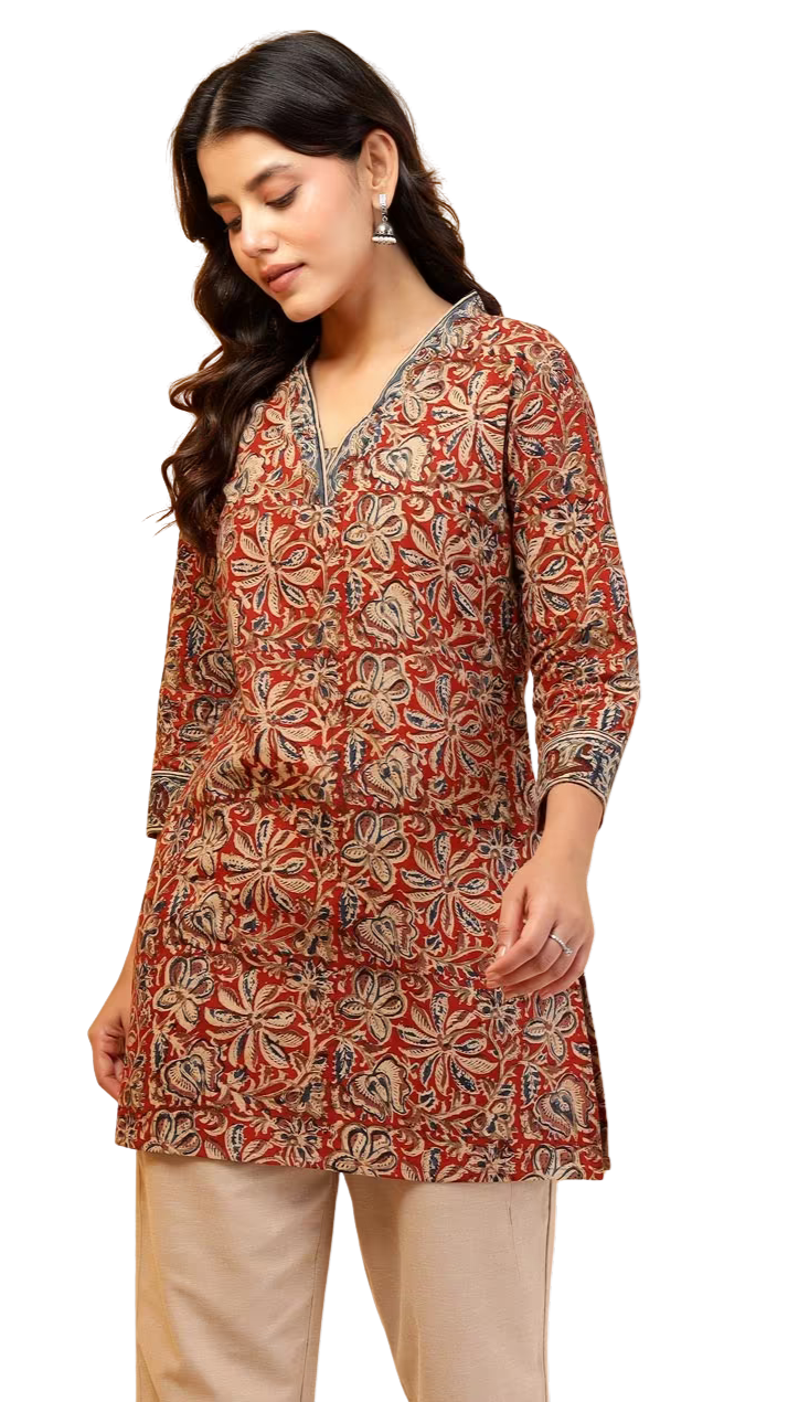 Kurta short kalamkari. Marrón. Slim Fit PREVENTA