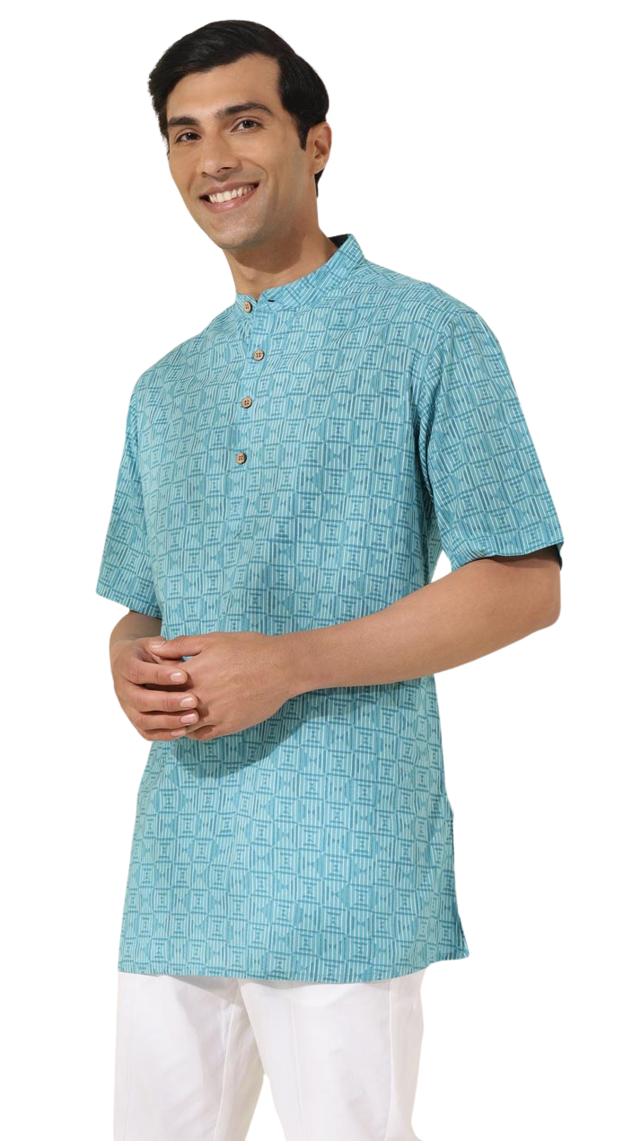 Kurta para hombre. Estampada azul verdoso. Manga corta